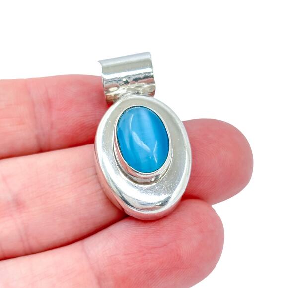 Vintage Mexico Taxco TO-25 Sterling Sterling Silver 925 Blue Cat's Eye Pendant - Picture 1 of 8